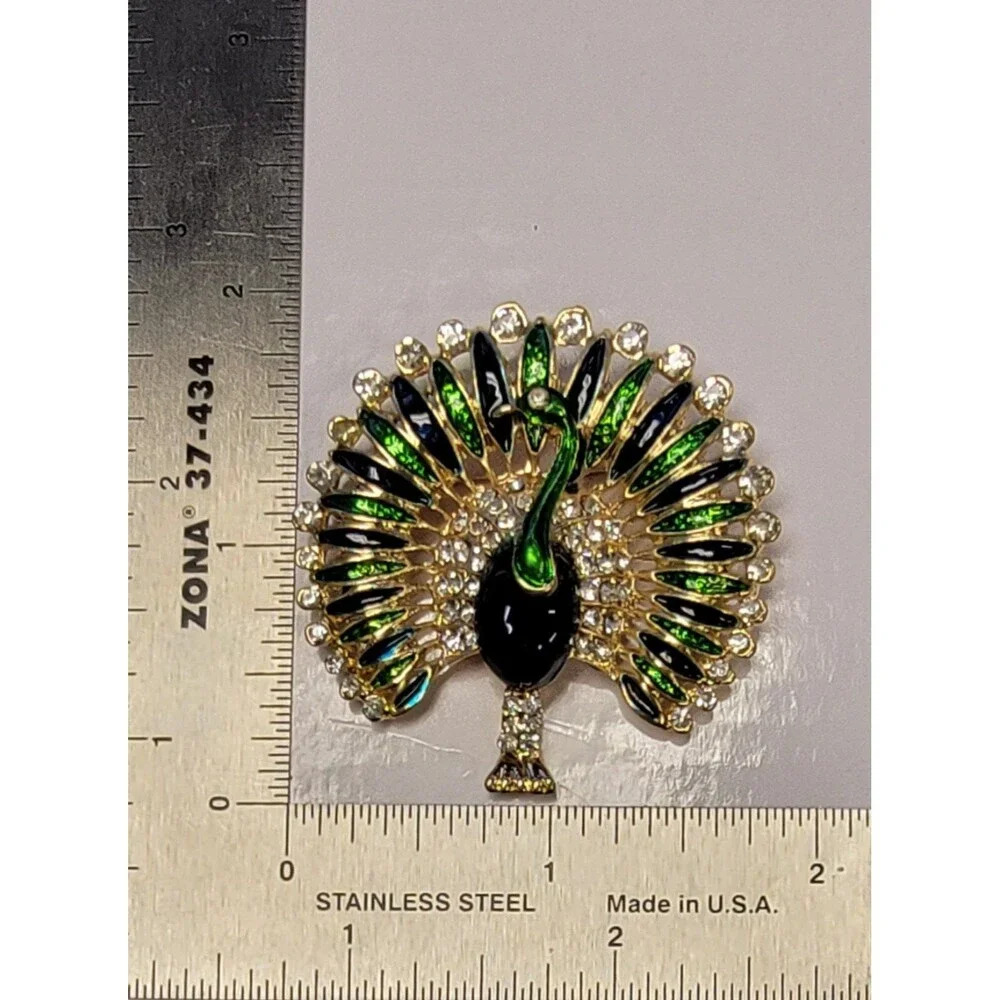 Gold Tone Enamel Peacock Brooch with Rhinestones Pin - Picture 2 of 2